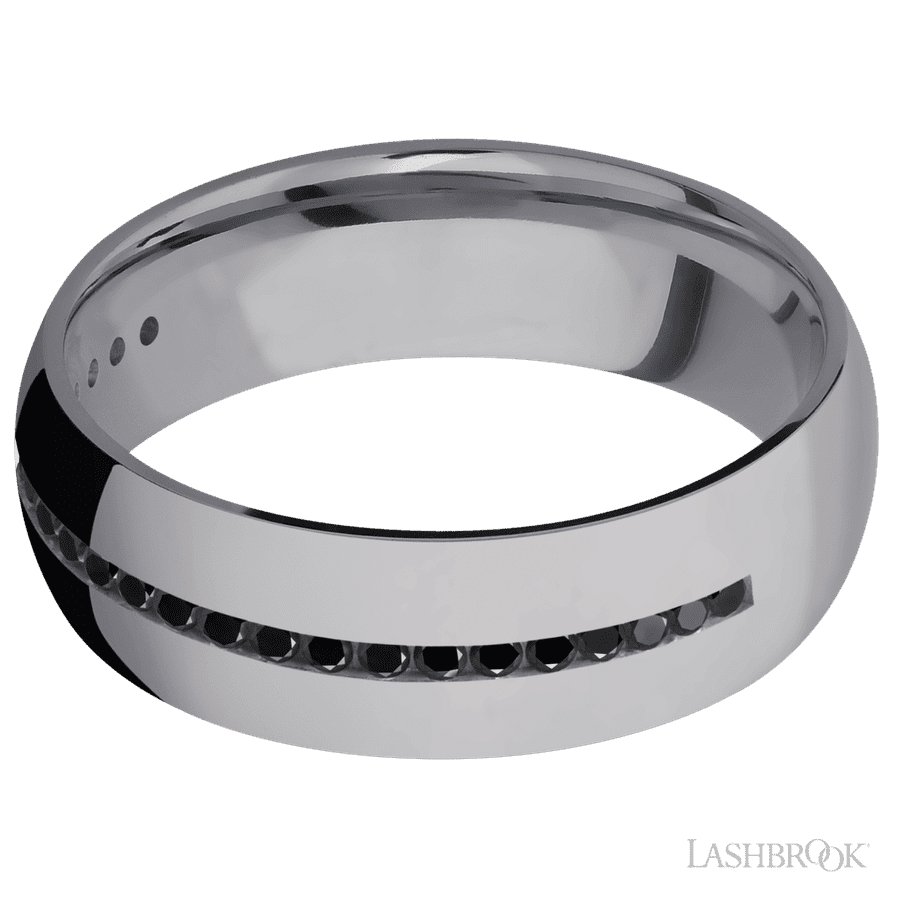7 mm wide/Domed/Tantalum band with a Half Eternity arrangement of .015 carat Round Black Diamond stones in a Channel setting.
