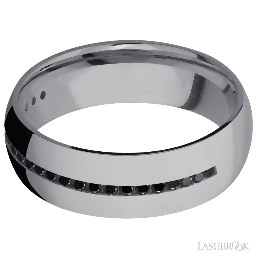7 mm wide/Domed/Tantalum band with a Half Eternity arrangement of .015 carat Round Black Diamond stones in a Channel setting.