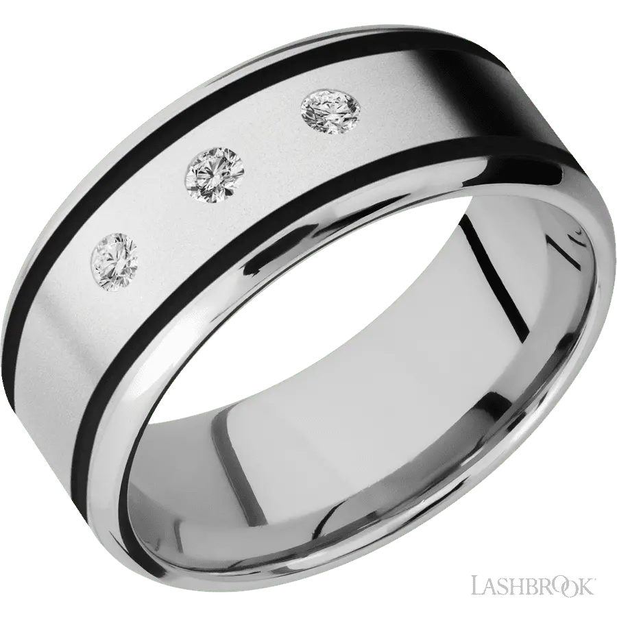 9 mm wide/Beveled/Cobalt Chrome band with two 1 mm Wide inlays of Black and featuring an arrangement of 3, .05 carat Round Diamond stones in a Flush setting