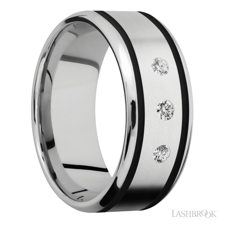 9 mm wide/Beveled/Cobalt Chrome band with two 1 mm Wide inlays of Black and featuring an arrangement of 3, .05 carat Round Diamond stones in a Flush setting