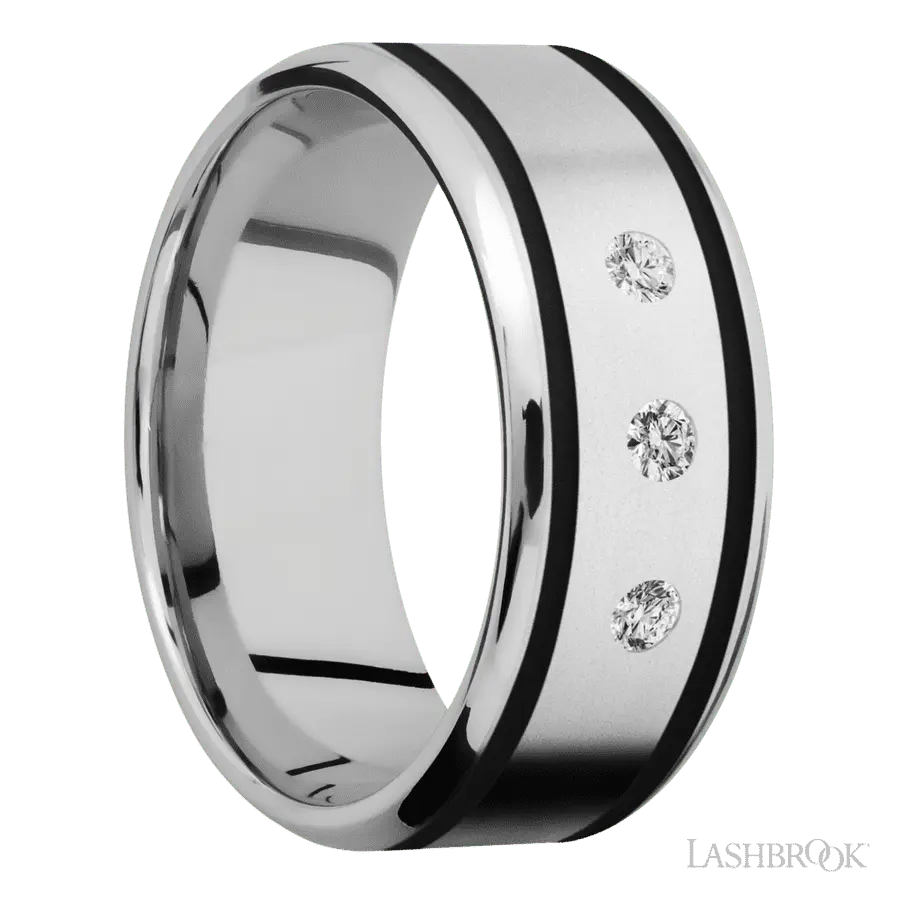 9 mm wide/Beveled/Cobalt Chrome band with two 1 mm Wide inlays of Black and featuring an arrangement of 3, .05 carat Round Diamond stones in a Flush setting