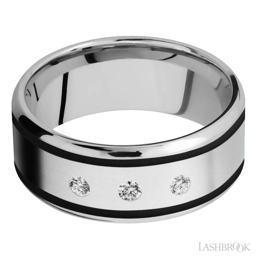 9 mm wide/Beveled/Cobalt Chrome band with two 1 mm Wide inlays of Black and featuring an arrangement of 3, .05 carat Round Diamond stones in a Flush setting