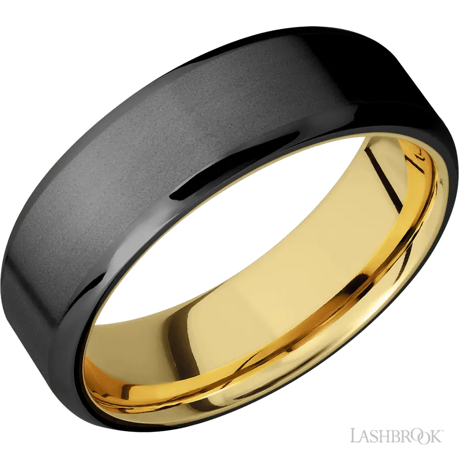 7 mm wide Beveled Zirconium band featuring a 14K Yellow Gold sleeve.