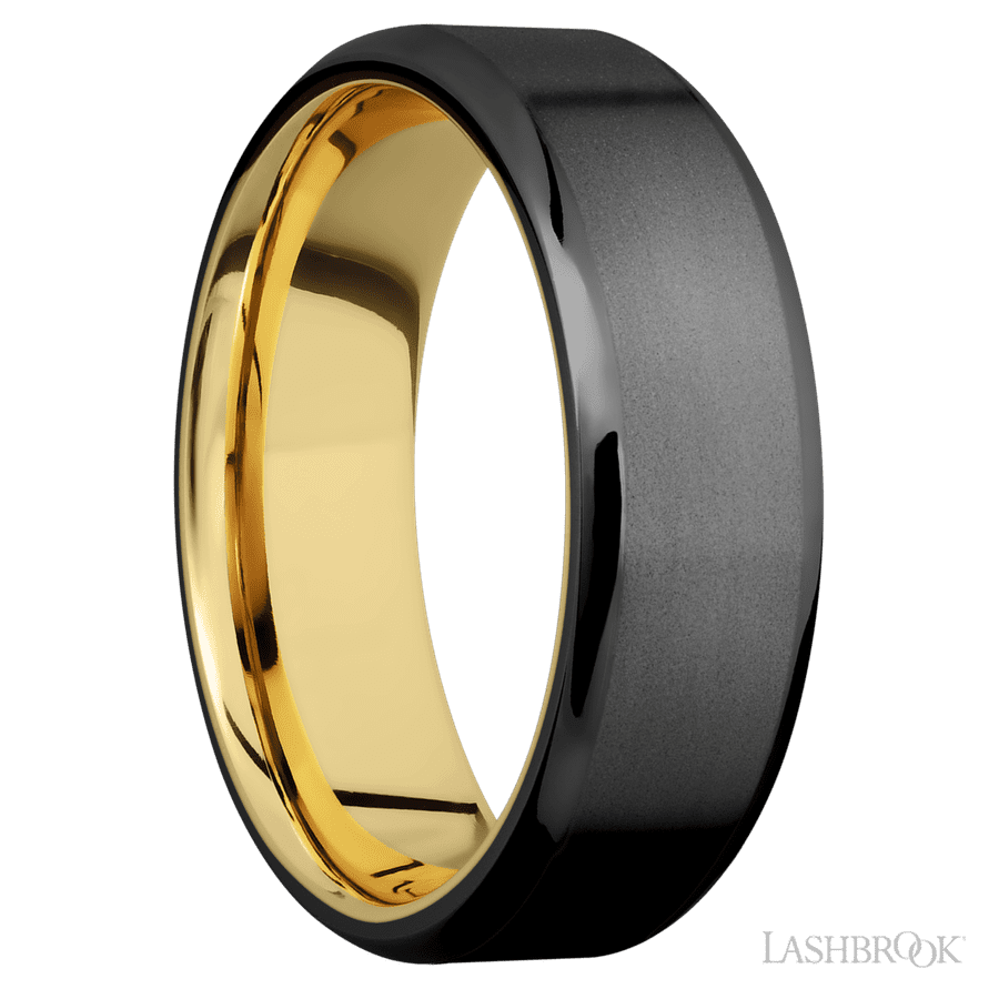 7 mm wide Beveled Zirconium band featuring a 14K Yellow Gold sleeve.