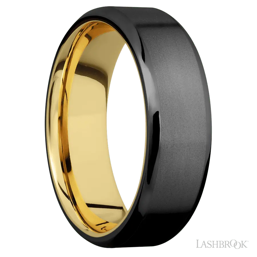 7 mm wide Beveled Zirconium band featuring a 14K Yellow Gold sleeve. Lashbrook