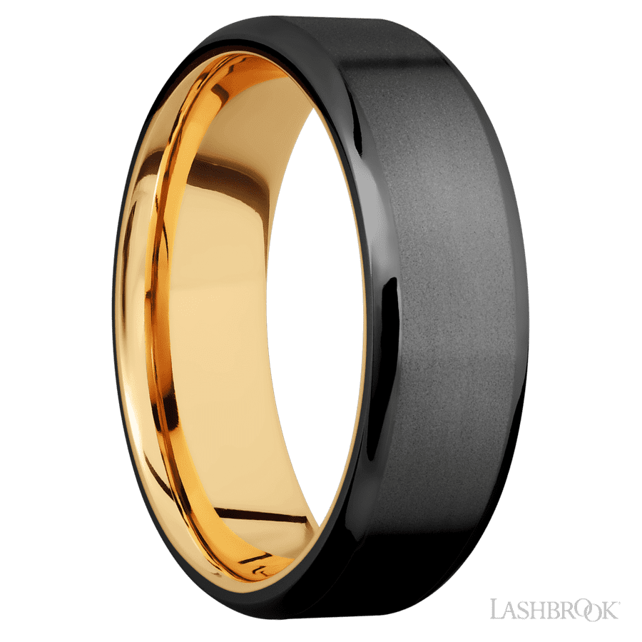 7 mm wide Beveled Zirconium band featuring a 14K Yellow Gold sleeve.