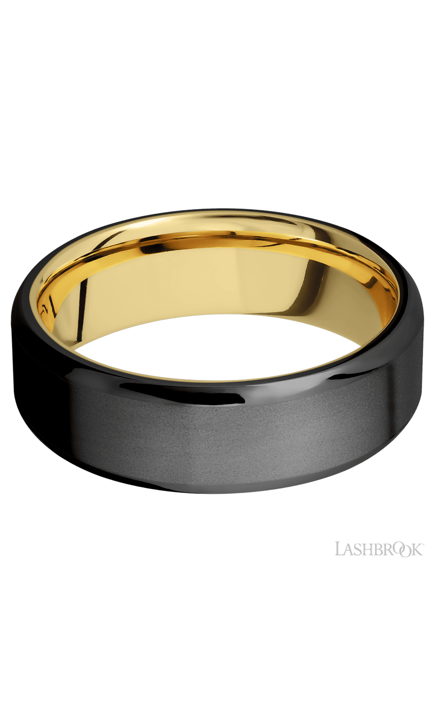 7 mm wide Beveled Zirconium band featuring a 14K Yellow Gold sleeve.
