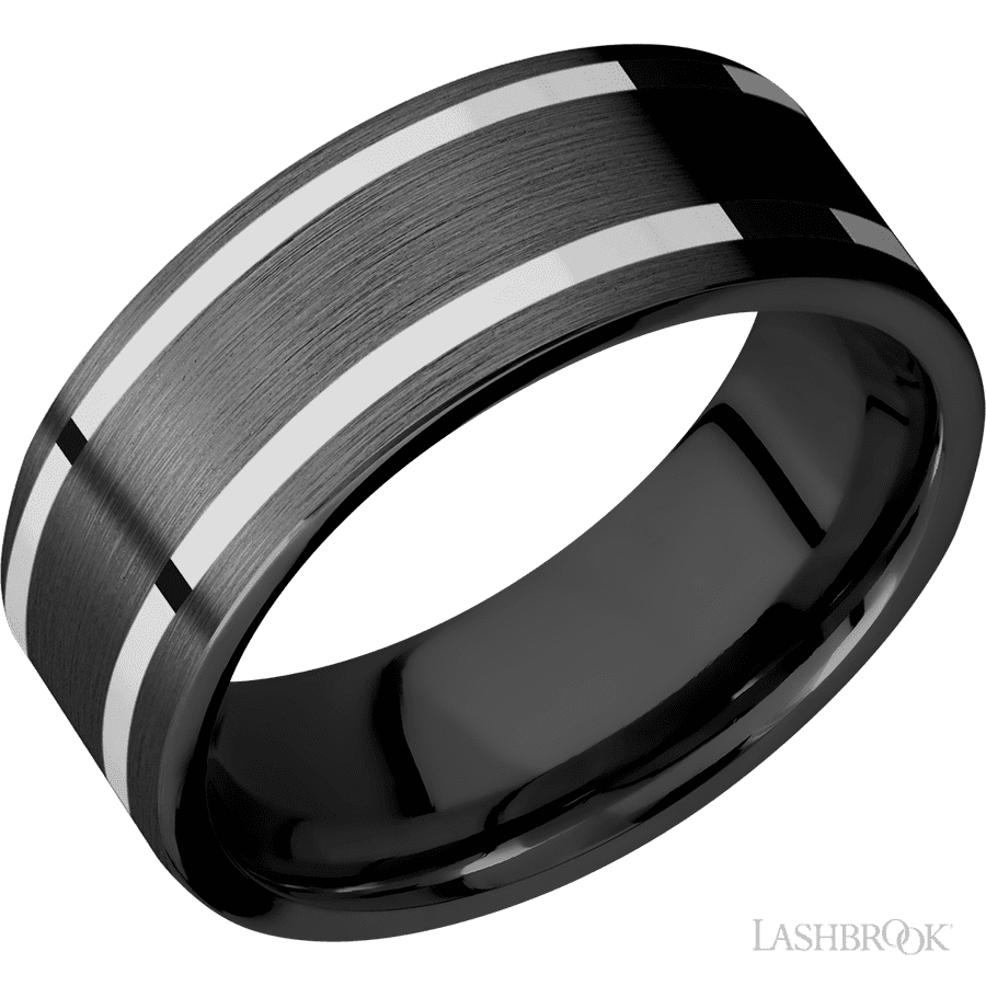 8 mm wide/Flat/Zirconium band with two 1 mm Wide inlays of 14K White Gold.