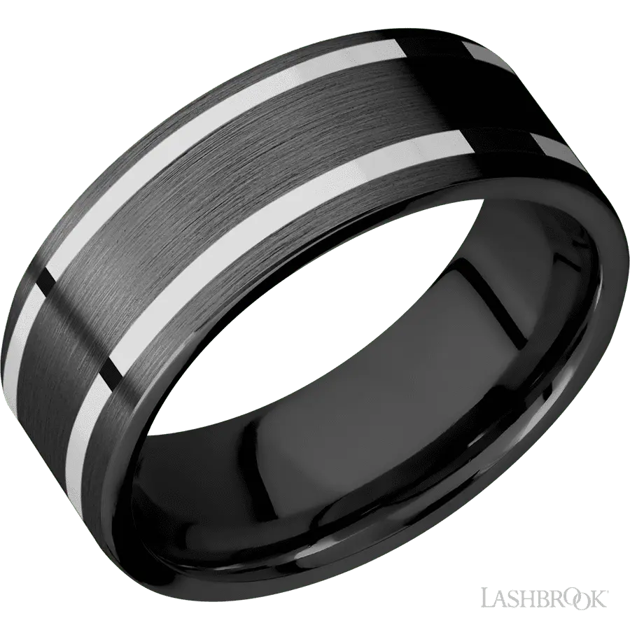 8 mm wide/Flat/Zirconium band with two 1 mm Wide inlays of 14K White Gold.