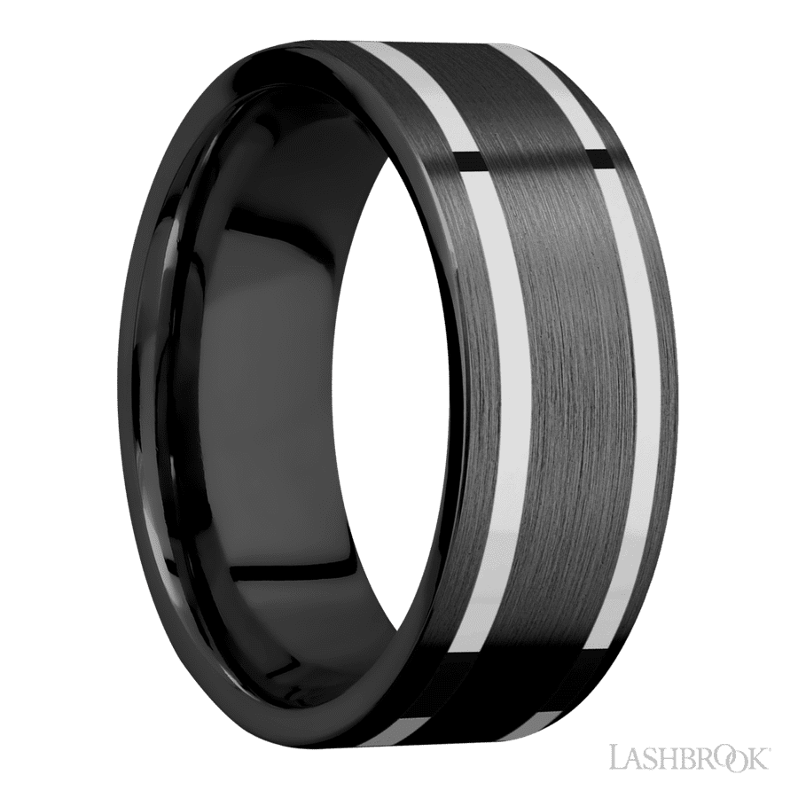 8 mm wide/Flat/Zirconium band with two 1 mm Wide inlays of 14K White Gold.