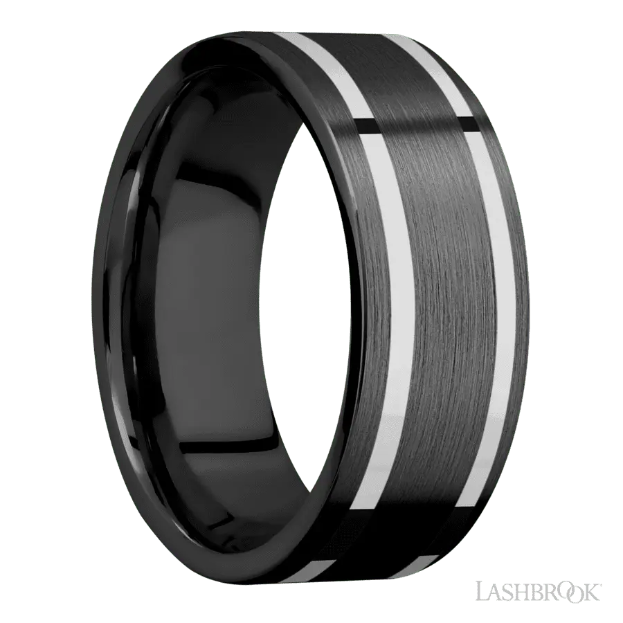 8 mm wide/Flat/Zirconium band with two 1 mm Wide inlays of 14K White Gold.