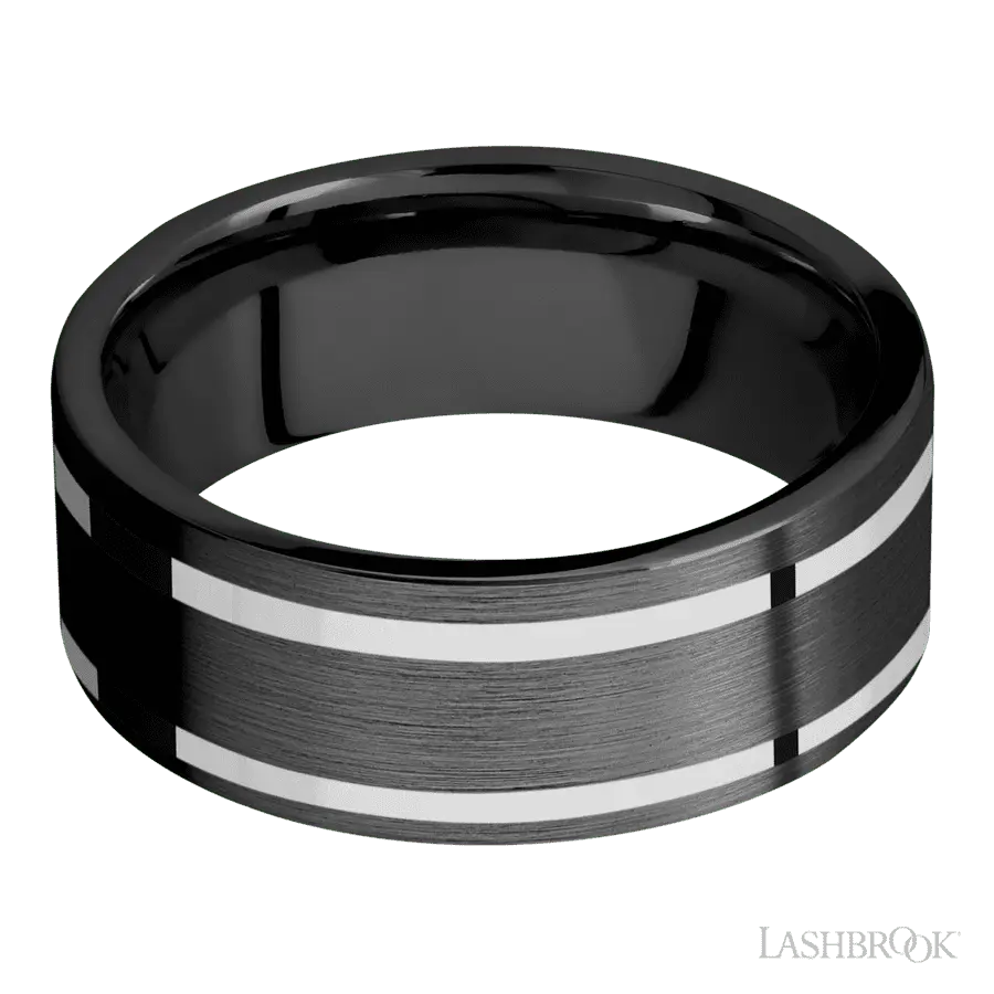 8 mm wide/Flat/Zirconium band with two 1 mm Wide inlays of 14K White Gold.
