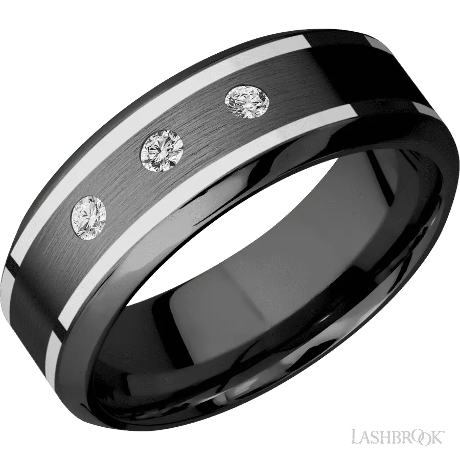 8 mm wide/High Bevel/Zirconium band with two 1 mm Wide inlays of 14K White Gold and featuring an arrangement of 3, .05 carat Round Diamond (ST) stones in a Flush setting