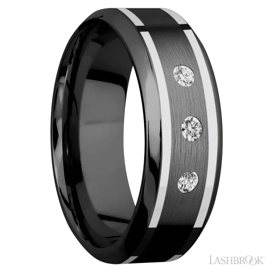 8 mm wide/High Bevel/Zirconium band with two 1 mm Wide inlays of 14K White Gold and featuring an arrangement of 3, .05 carat Round Diamond (ST) stones in a Flush setting