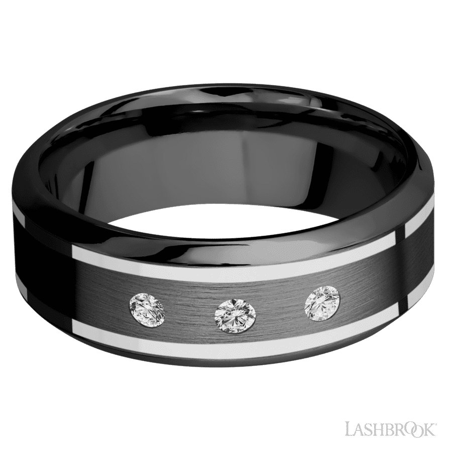 8 mm wide/High Bevel/Zirconium band with two 1 mm Wide inlays of 14K White Gold and featuring an arrangement of 3, .05 carat Round Diamond (ST) stones in a Flush setting