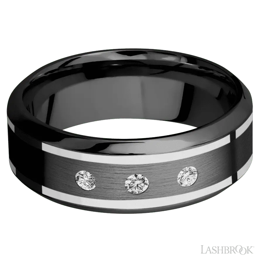 8 mm wide/High Bevel/Zirconium band with two 1 mm Wide inlays of 14K White Gold and featuring an arrangement of 3, .05 carat Round Diamond (ST) stones in a Flush setting