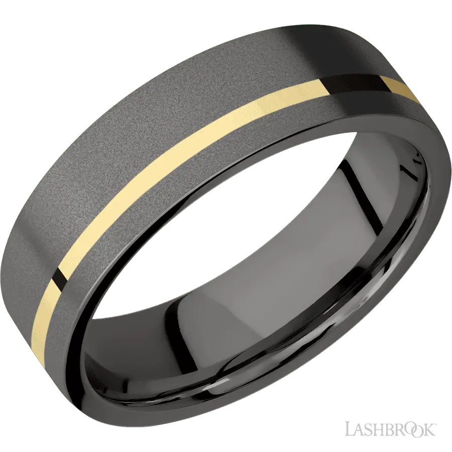 7 mm wide/Flat/Tantalum Noir band with one 1 mm Off Center inlay of 14K Yellow Gold.