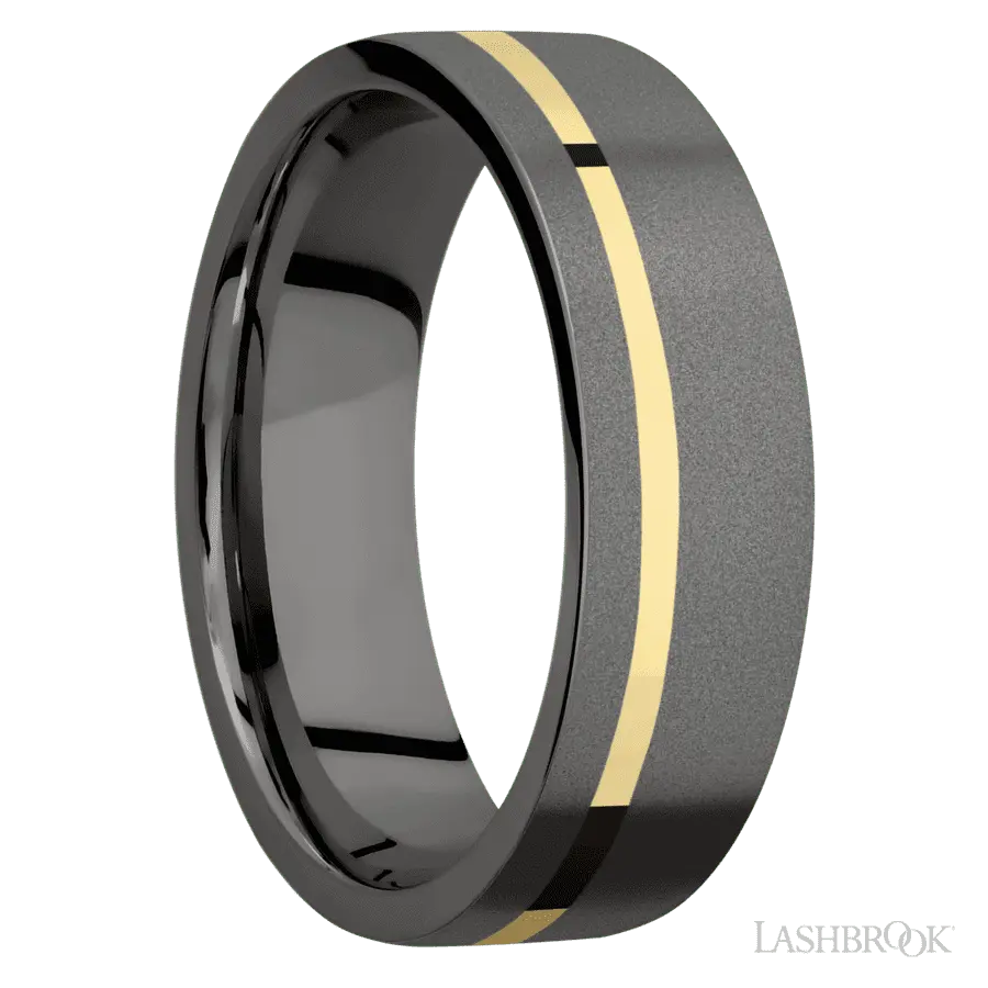 7 mm wide/Flat/Tantalum Noir band with one 1 mm Off Center inlay of 14K Yellow Gold.