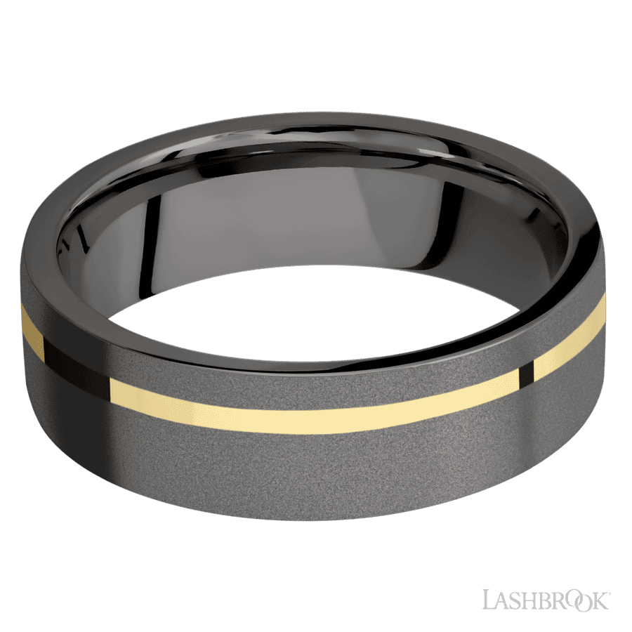 7 mm wide/Flat/Tantalum Noir band with one 1 mm Off Center inlay of 14K Yellow Gold.