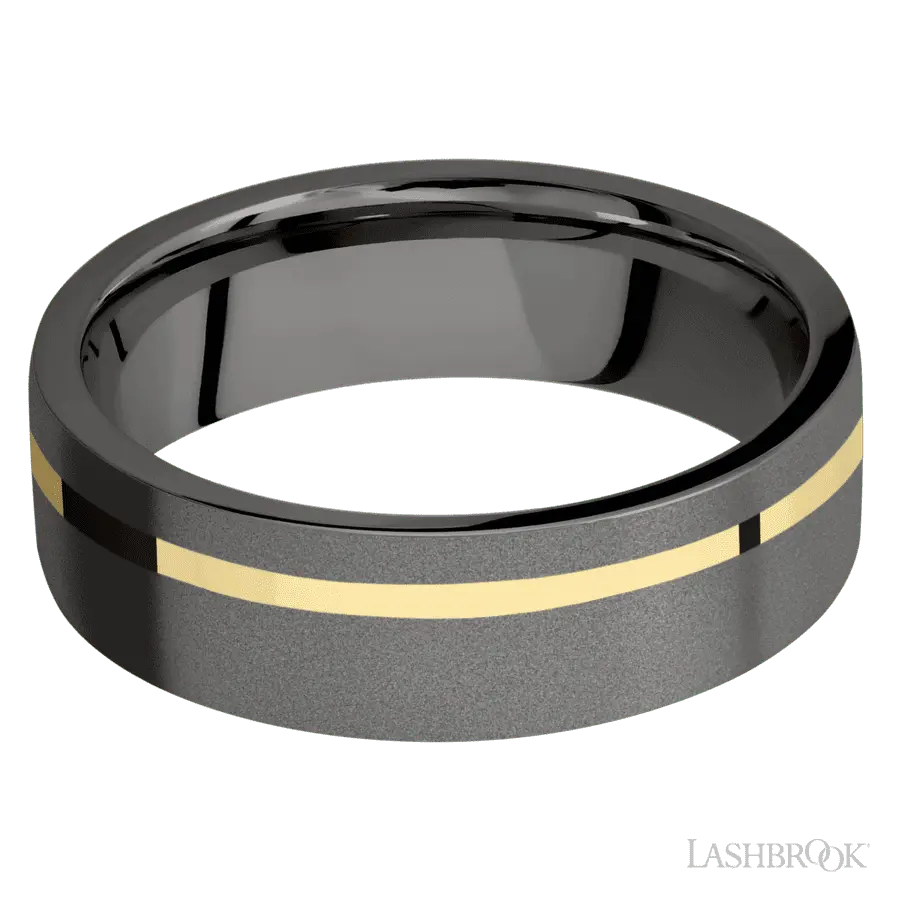 7 mm wide/Flat/Tantalum Noir band with one 1 mm Off Center inlay of 14K Yellow Gold.
