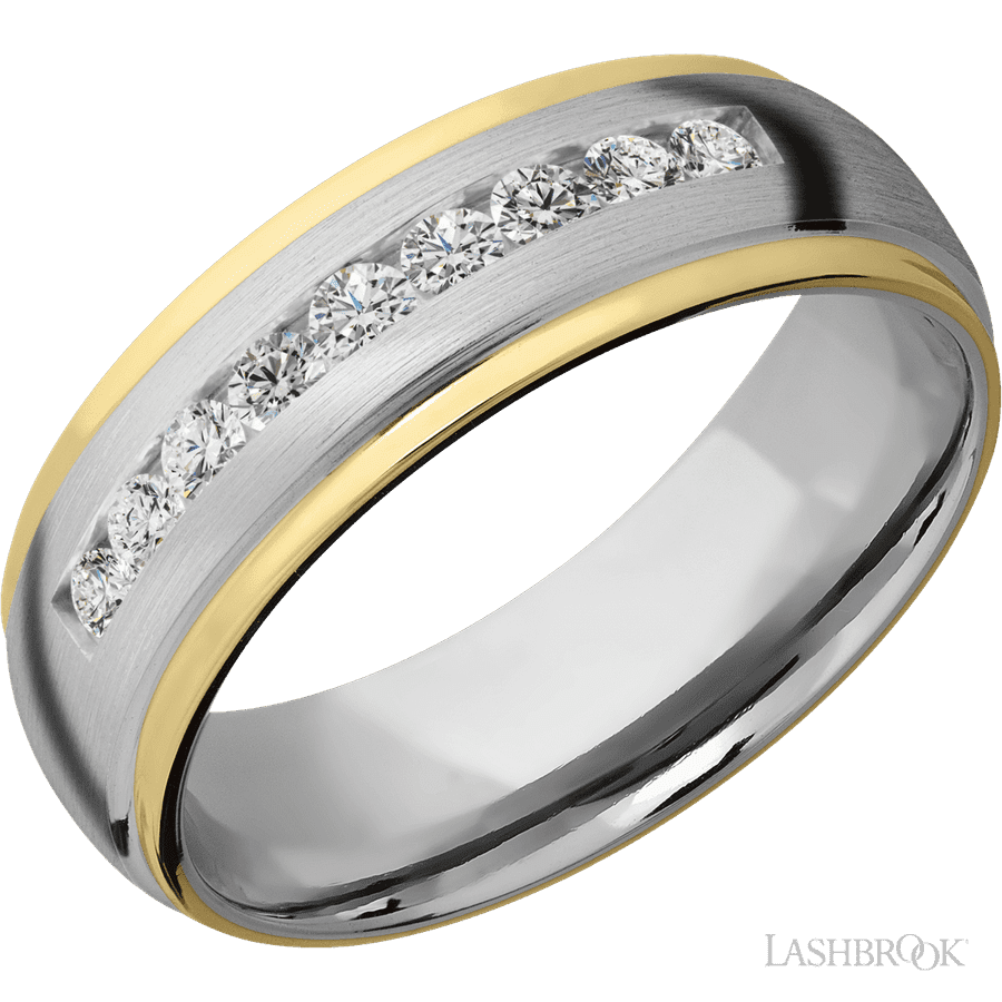 7 mm wide/Domed Stepped Down Edges/Cobalt Chrome band with an arrangement of 9, .05 carat Round Lab Grown Diamond stones in a Channel setting and featuring two 1 mm Edge inlays of 14K Yellow Gold