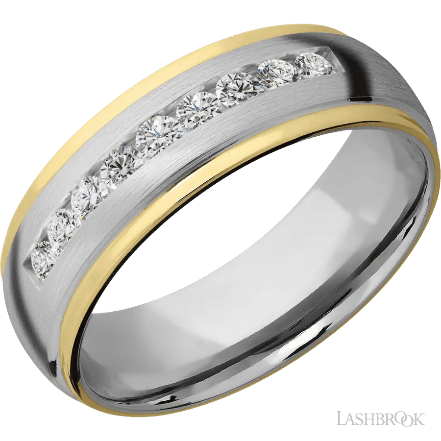 7 mm wide/Domed Stepped Down Edges/Cobalt Chrome band with an arrangement of 9, .05 carat Round Lab Grown Diamond stones in a Channel setting and featuring two 1 mm Edge inlays of 14K Yellow Gold