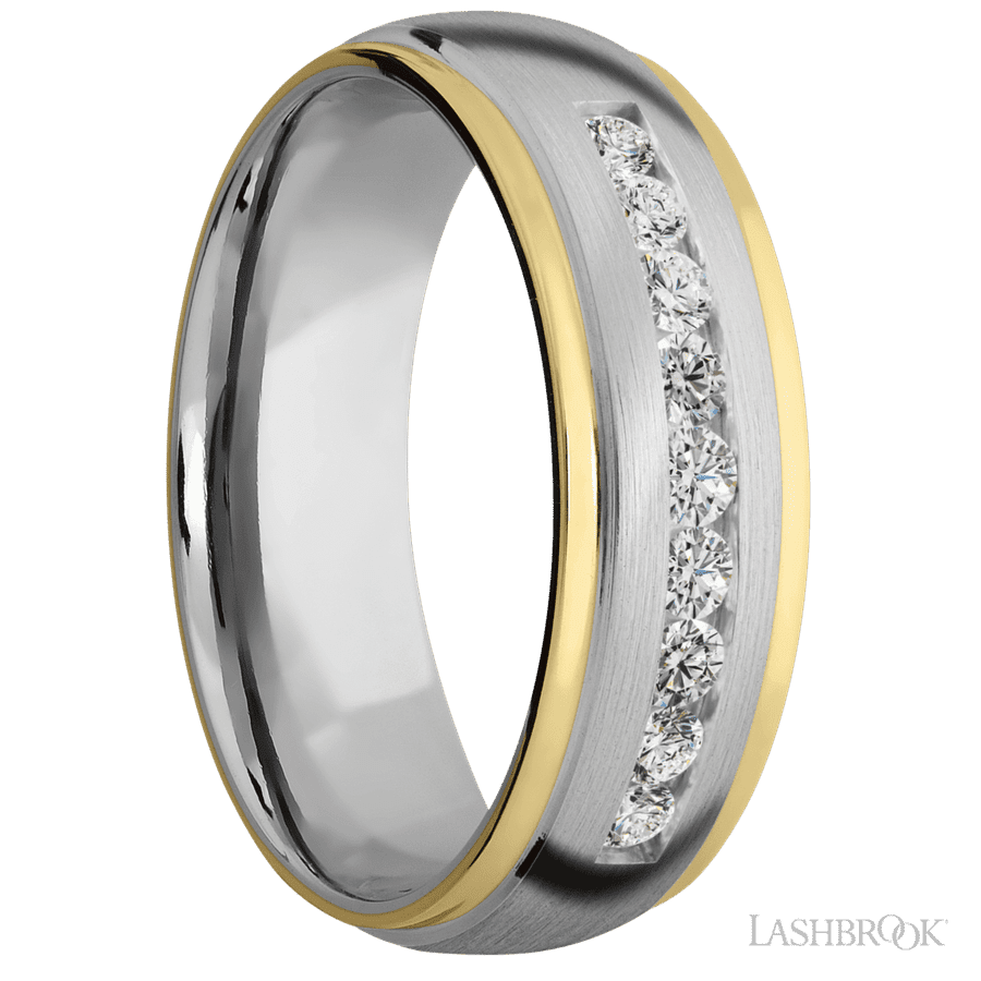 7 mm wide/Domed Stepped Down Edges/Cobalt Chrome band with an arrangement of 9, .05 carat Round Lab Grown Diamond stones in a Channel setting and featuring two 1 mm Edge inlays of 14K Yellow Gold