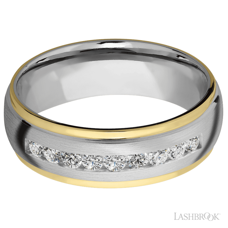 7 mm wide/Domed Stepped Down Edges/Cobalt Chrome band with an arrangement of 9, .05 carat Round Lab Grown Diamond stones in a Channel setting and featuring two 1 mm Edge inlays of 14K Yellow Gold