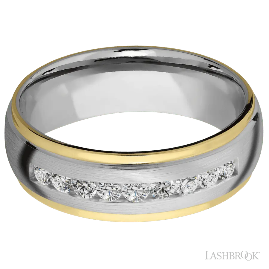 7 mm wide/Domed Stepped Down Edges/Cobalt Chrome band with an arrangement of 9, .05 carat Round Lab Grown Diamond stones in a Channel setting and featuring two 1 mm Edge inlays of 14K Yellow Gold