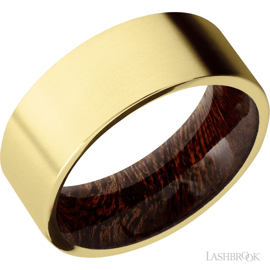 8 mm wide Flat 14K Yellow Gold band featuring a Sapele sleeve.