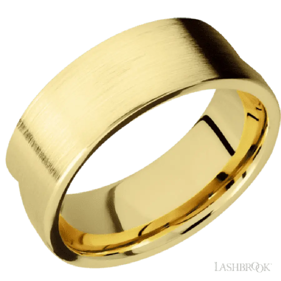 8 mm wide Flat 14K Yellow Gold band featuring a Sapele sleeve. Lashbrook