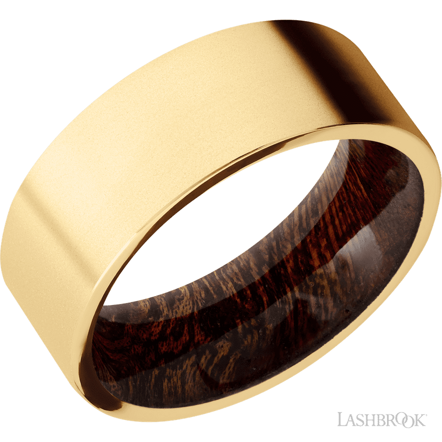 8 mm wide Flat 14K Yellow Gold band featuring a Sapele sleeve.
