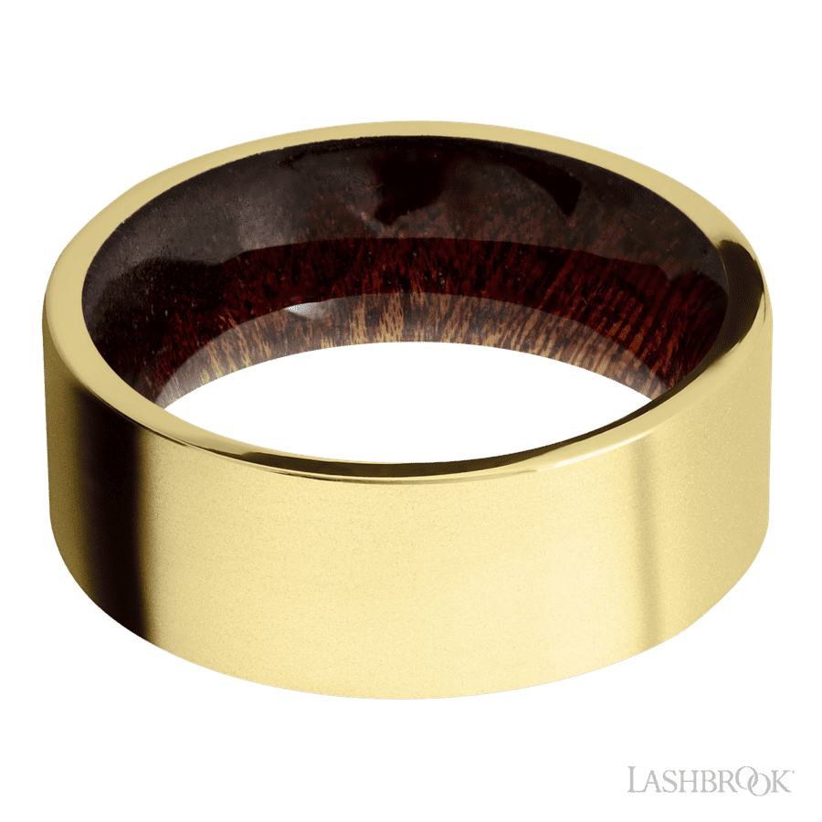 8 mm wide Flat 14K Yellow Gold band featuring a Sapele sleeve.