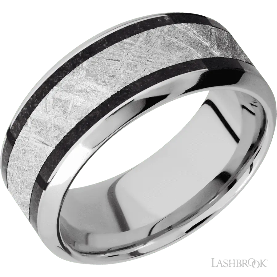 9 mm wide/High Bevel/Cobalt Chrome band featuring inlays of Dinosaur Bone Black and Meteorite.