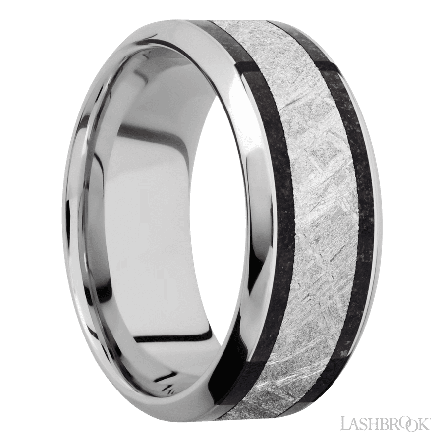 9 mm wide/High Bevel/Cobalt Chrome band featuring inlays of Dinosaur Bone Black and Meteorite.