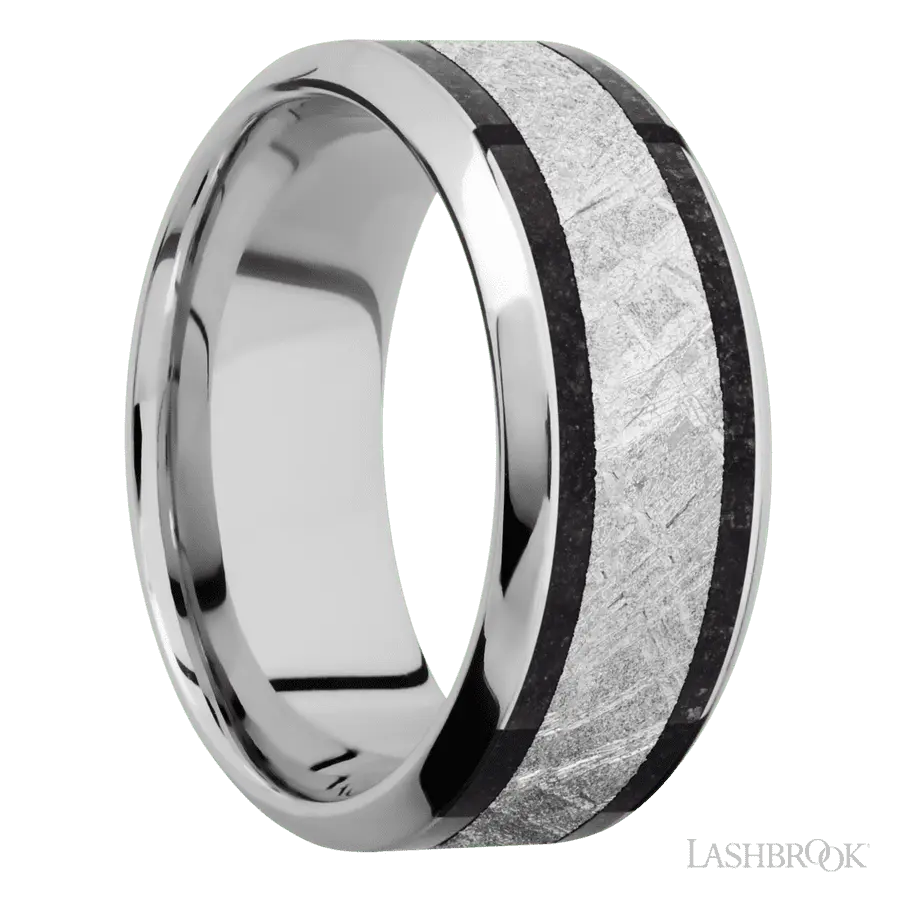 9 mm wide/High Bevel/Cobalt Chrome band featuring inlays of Dinosaur Bone Black and Meteorite.