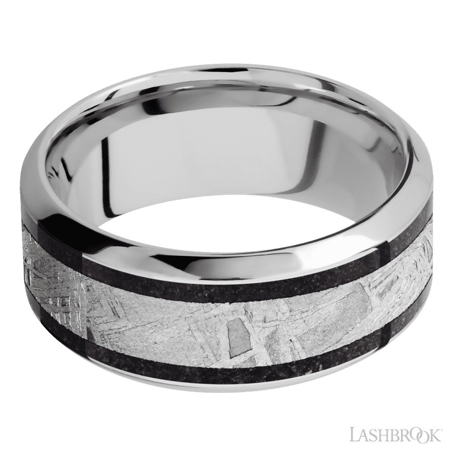 9 mm wide/High Bevel/Cobalt Chrome band featuring inlays of Dinosaur Bone Black and Meteorite.