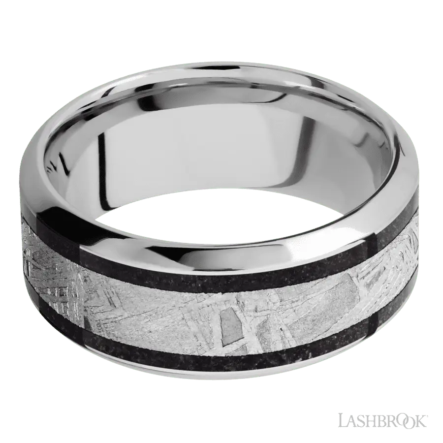 9 mm wide/High Bevel/Cobalt Chrome band featuring inlays of Dinosaur Bone Black and Meteorite.