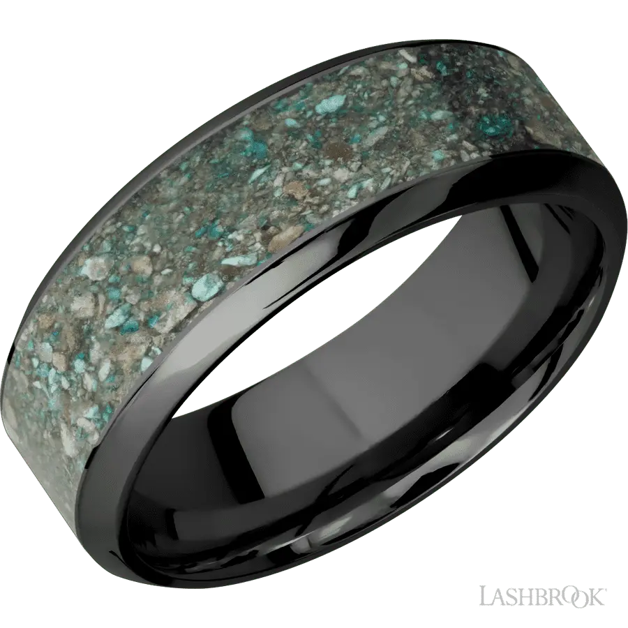 8 mm wide/High Bevel/Zirconium band with one 5 mm Centered inlay of Ocean Jasper.