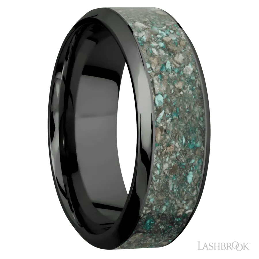 8 mm wide/High Bevel/Zirconium band with one 5 mm Centered inlay of Ocean Jasper.