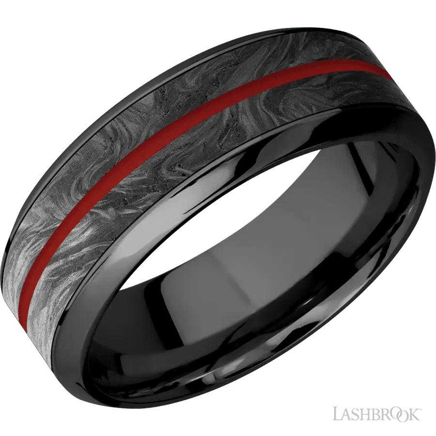 8 mm wide/High Bevel/Zirconium band featuring inlays of Forged Carbon Fiber and USMC Red.