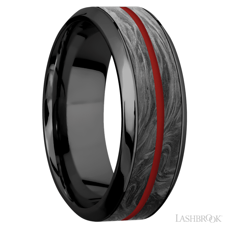 8 mm wide/High Bevel/Zirconium band featuring inlays of Forged Carbon Fiber and USMC Red.