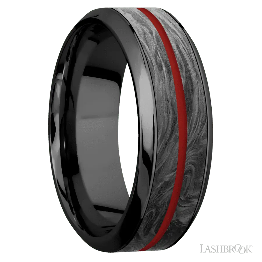 8 mm wide/High Bevel/Zirconium band featuring inlays of Forged Carbon Fiber and USMC Red.