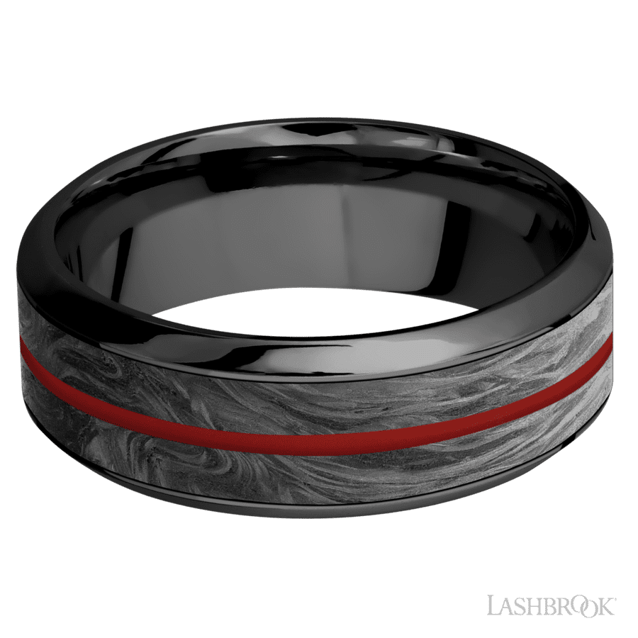 8 mm wide/High Bevel/Zirconium band featuring inlays of Forged Carbon Fiber and USMC Red.