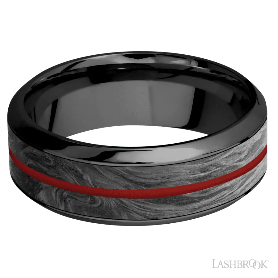 8 mm wide/High Bevel/Zirconium band featuring inlays of Forged Carbon Fiber and USMC Red.
