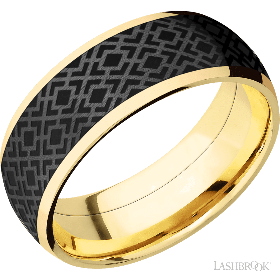 8 mm wide/Domed/14K Yellow Gold band with one 6 mm Centered inlay of Zirconium with a laser carved Trellis 2 pattern.