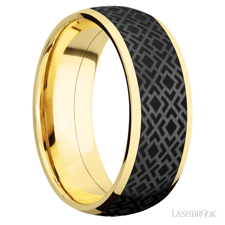 8 mm wide/Domed/14K Yellow Gold band with one 6 mm Centered inlay of Zirconium with a laser carved Trellis 2 pattern.