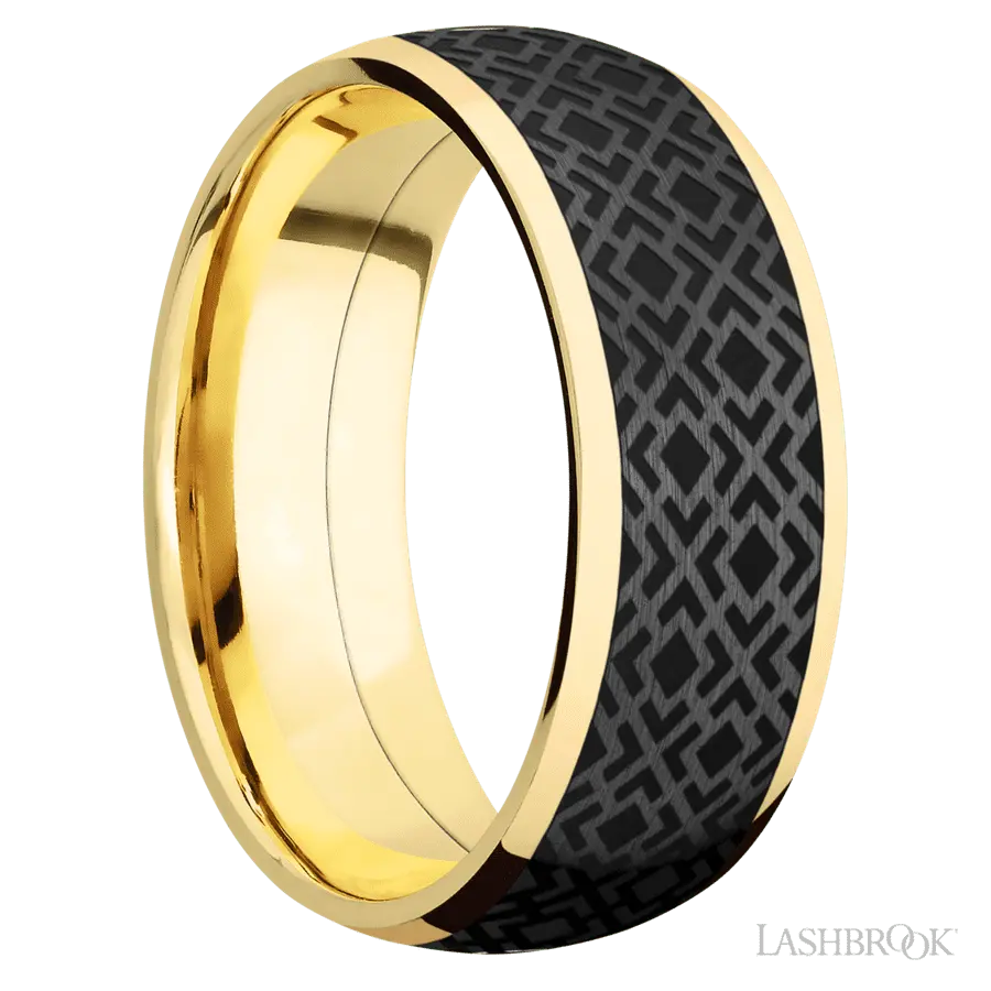 8 mm wide/Domed/14K Yellow Gold band with one 6 mm Centered inlay of Zirconium with a laser carved Trellis 2 pattern.