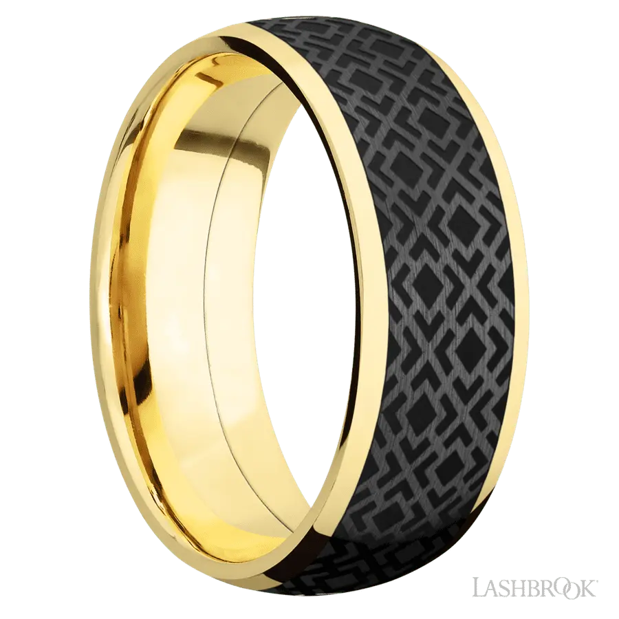 8 mm wide/Domed/14K Yellow Gold band with one 6 mm Centered inlay of Zirconium with a laser carved Trellis 2 pattern.