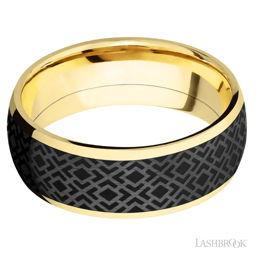 8 mm wide/Domed/14K Yellow Gold band with one 6 mm Centered inlay of Zirconium with a laser carved Trellis 2 pattern.